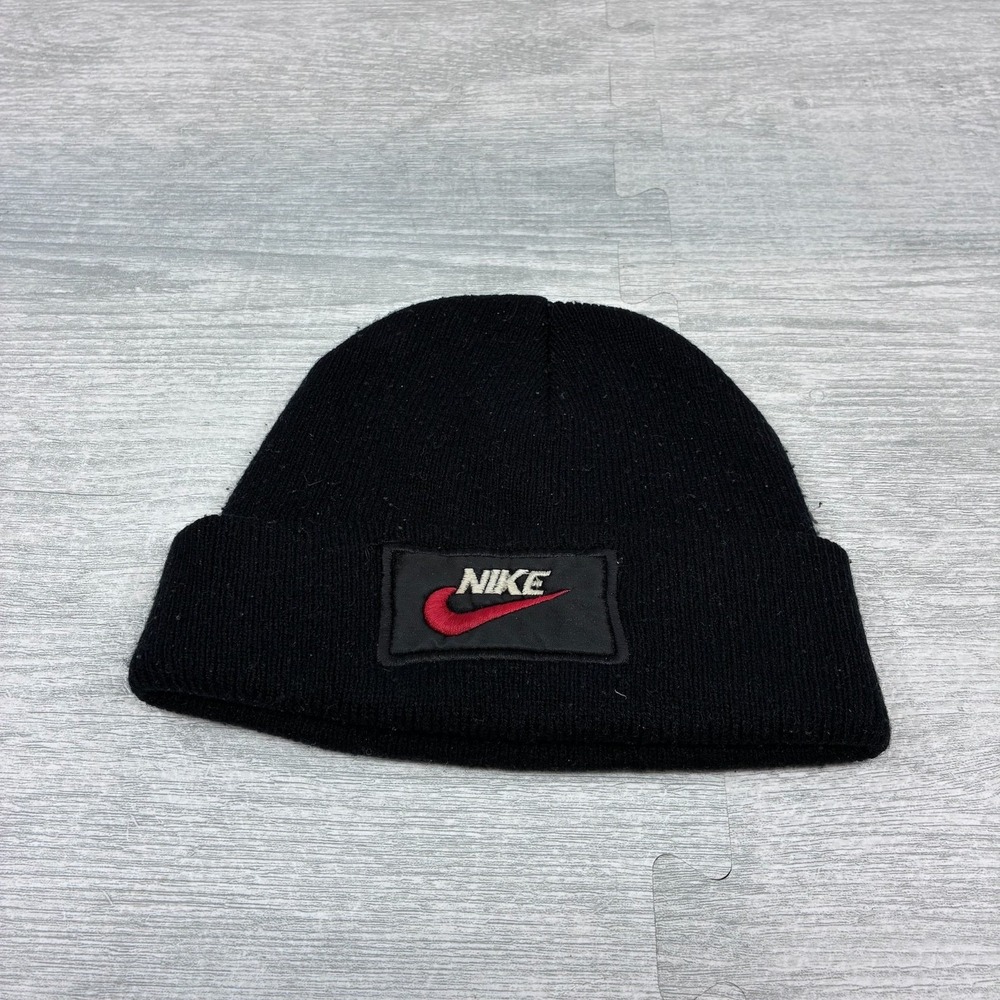 Vintage 90s Nike Beanie Hat Cap Adult Size Black Knit Winter Warm Swoosh Logo